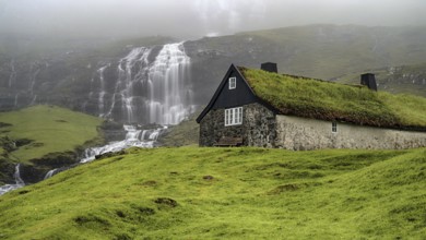 Saksun, waterfall and village view, Faroe Islands, Faroe Islands, Denmark