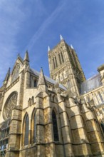 Looking up at central tower of Lincoln cathedral church, city of Lincoln, Lincolnshire, England, UK