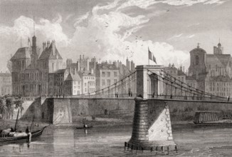 The pont d'Arcole, Paris, France, antique steel engraved print, 1831