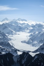 Snow and ice, epic mountains with glaciers, Mt Denali or Mount McKinley, aerial view, Alaska Range,