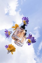 A glass skincare bottle with black dropper cap are showcased among colorful flowers, set against a