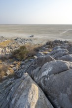 View over round rocks from Kubu Island (Lekubu) to the salt pan with off-road vehicle, at sunrise,