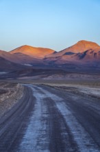 A serene evening view of a winding road meandering through the vibrant hues of orange-lit mountains