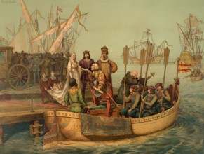 Christopher Columbus and his crew leaving the port of Palos, Spain, 1492, digitally optimized