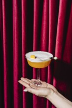 A peach cocktail served in an elegant coupe glass, delicately held against a backdrop of rich red