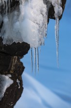 Icicles on a rock face, Thingvellir National Park, Golden Circle, Sudurland, Iceland