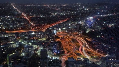 New Zealand, view from Sky Tower of Auckland at night, telecommunications tower, observation tower,
