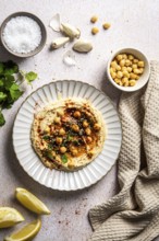 A beautifully styled hummus plate garnished with chickpeas, garlic, herbs, and spices on a textured