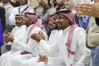 In Damascus, Syria on February 9, 2026, a Saudi folklore troupe performs the traditional Liwa dance