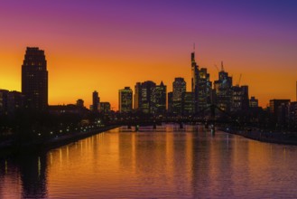 Frankfurt skyline in front of sunset, Frankfurt am Main, Hesse, Germany