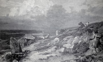 A megalithic grave in the Lüneburger Heide, 1890, Germany, illustration, reproduction from a model