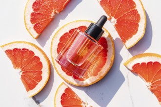 A glass dropper bottle with a black cap, placed on fresh grapefruit slices. The bright citrus and