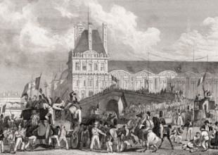 The migration of Charles X to Rambouillet, 1830, July Revolution, Paris, antique steel engraved
