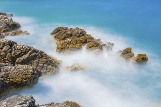 Romantic view over the sea in Koromacna Bay on a sunny day with rough seas on the island of Cres,
