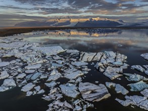 Ice floes, glacier, glacier tongue, fog, clouds, morning mood, mountains, reflection, aerial view,