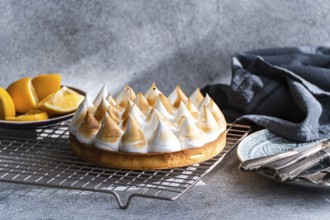 A beautifully homemade lemon cake on a cooling rack, accompanied by fresh lemon slices and vintage