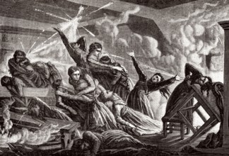 Schülerinnen in einem Klassenzimmer während der Belagerung und Bombardierung Straßburgs, 1870