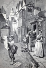 In the foreground a newspaper boy who is barefoot and carries and reads a large bag, people on the