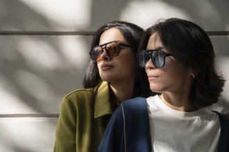 A fashionable lesbian couple wearing stylish sunglasses basks in warm sunlight, casting soft