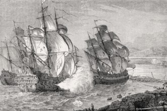 The merchant ship Mountjoy and the frigate HMS Dartmouth at the Great Siege of Londonderry, 1689,
