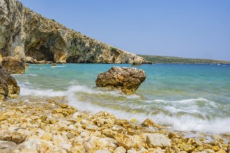 Romantic view over the sea in Koromacna Bay on a sunny day with rough seas on the island of Cres,