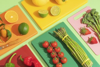 A vibrant display of fruits and vegetables on colorful cutting boards, featuring oranges, tomatoes,