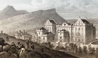 The new Bridewell, Salisbury Crags, and Arthur's Seat from Calton Hill, Edinburgh, Scotland, 19th