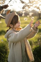 A young girl in a stylish hat smiles as she touches almond blossoms on a sunny spring day