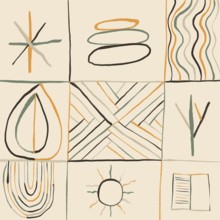 Artistic grid of hand-drawn desert-inspired symbols and patterns in earthy tones of orange, green,