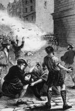 Soldiers fire on rioters during the 1723 riots in Glasgow over the tax on beer. The nine dead and