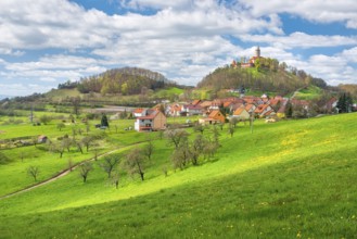 View of hilly landscape with the village of Seitenroda and Leuchtenburg in spring, in front a green