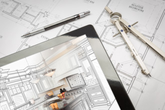 Computer Tablet Showing Kitchen Illustration On House Plans, Pencil, Compass