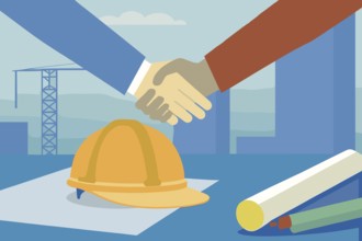 Two individuals engage in a handshake to signify a partnership in real estate while surrounded by