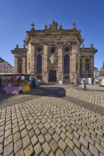 Ludwigskirche, weekly market market, market stall, cobblestone pavement, square, blue sky,