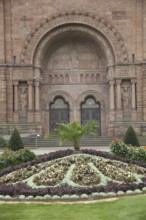 Portal of the Church of the Redeemer with flowerbed, Bad Homburg, Taunus, Hesse, Germany