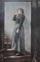Sad woman standing on the stairs. Art supplement in the Zur Guten Stunde 1897, after a painting by
