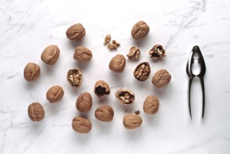 Whole and cracked walnuts scattered on a marble surface, next to a shiny metal nutcracker. The
