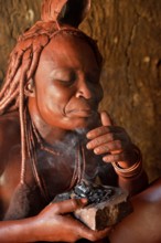 Traditionally dressed Himba woman in her hut, applying perfume, Purros Traditional Village, Purros,
