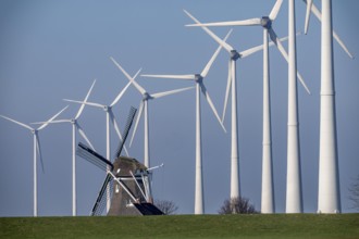 Poldermolen De Goliath windmill stands between the high-tech wind turbines in Eemshaven, historic
