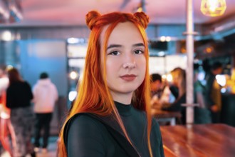 A woman with red hair visits a bustling Asian food market, surrounded by vibrant colors and diverse