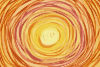 This abstract illustration features vibrant swirling patterns in warm orange and yellow hues,
