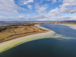 Aerial view of the Mettnau peninsula near Radolfzell on Lake Constance at low tide, the Hegauberge