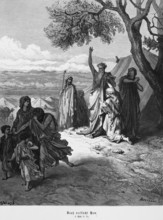 Bible, Noah curses Ham, his son, Genesis, 9, 25, Moses, Old Testament, landscape, tents, tree,