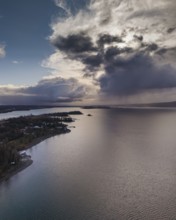 Weather picture, aerial view of the Mettnau peninsula near Radolfzell am Lake Constance, a