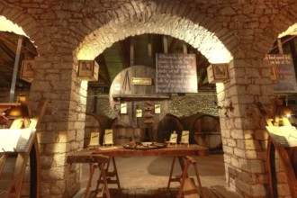 Atmospheric shot of a rustic wine cellar with wooden table and tools under brick arches, Achaia