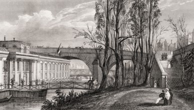 Bains Vigier, Pavillon de Flore, Louvre, Paris, antique steel engraved print, 1831