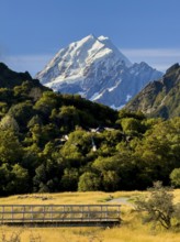 Stunning autumn landscape of Mount Cook, New Zealand, featuring snow capped peaks and lush foliage.