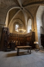 Interior with choir stalls in Notre Dame de Lausanne Cathedral, Lausanne, Vaud, Switzerland