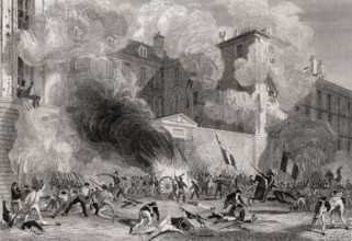 Attack to caserne Babylone of the Swiss Guards, rue de Babylone, Paris, antique steel engraved