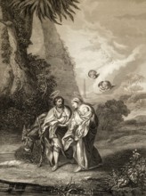 The flight to egypt, steel engraving, 1853, digitally restored